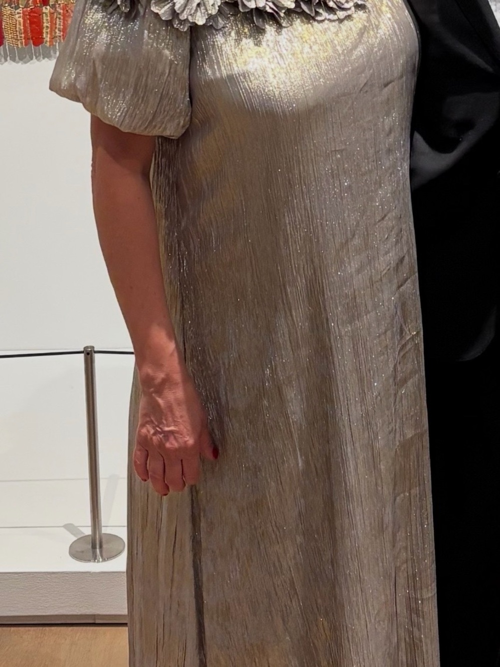 Sachin + Babi Silver Metallic Maxi Dress with Floral Collar